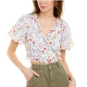70/21 Ruffle Trim Floral Print Crop Top Womens Size Large with Puff Sleeves NWT